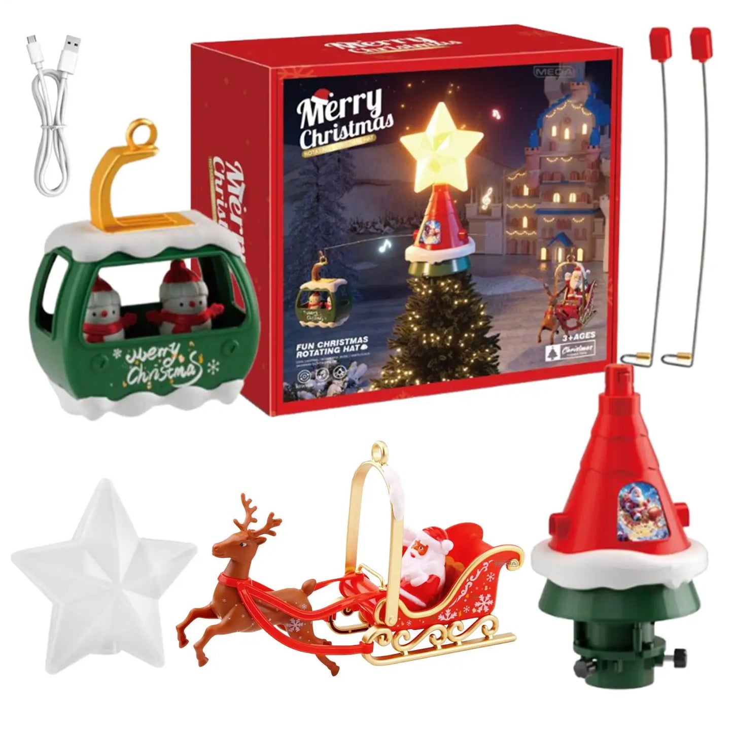 Christmas Tree Topper Rotating Treetop Decoration Tree Topper Ornaments Holiday Winter Party Supplies with LED Light and Music