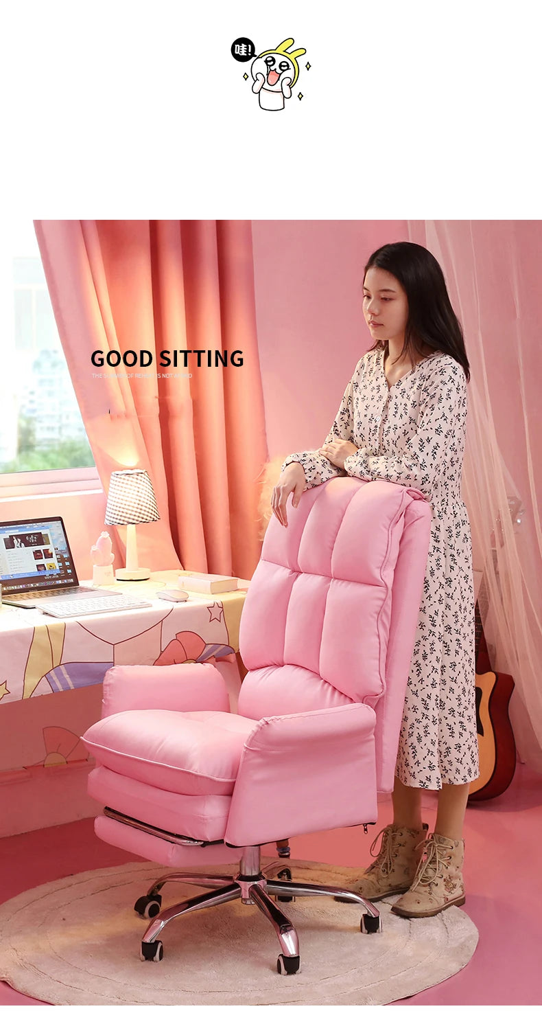 2025 New gaming chair pink office computer chair comfortable soft  gamer chair PU Leather chair Rotating recliner with footrest