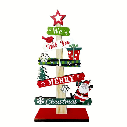 A small wooden Christmas tree with holiday decorations, Santa Claus, and gift designs, made of wood for holiday decorations