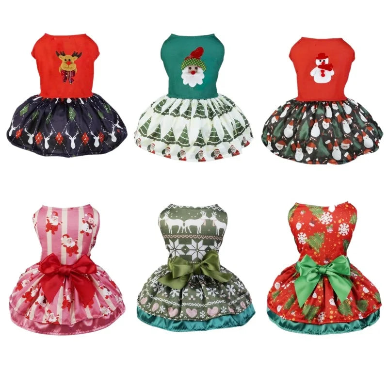 Christmas Dog Dresses New Year Dog Clothes Fancy Princess Puppy Dress Fashion Bow Cat Skirt Holiday Print Pet Costumes Dog Skirt