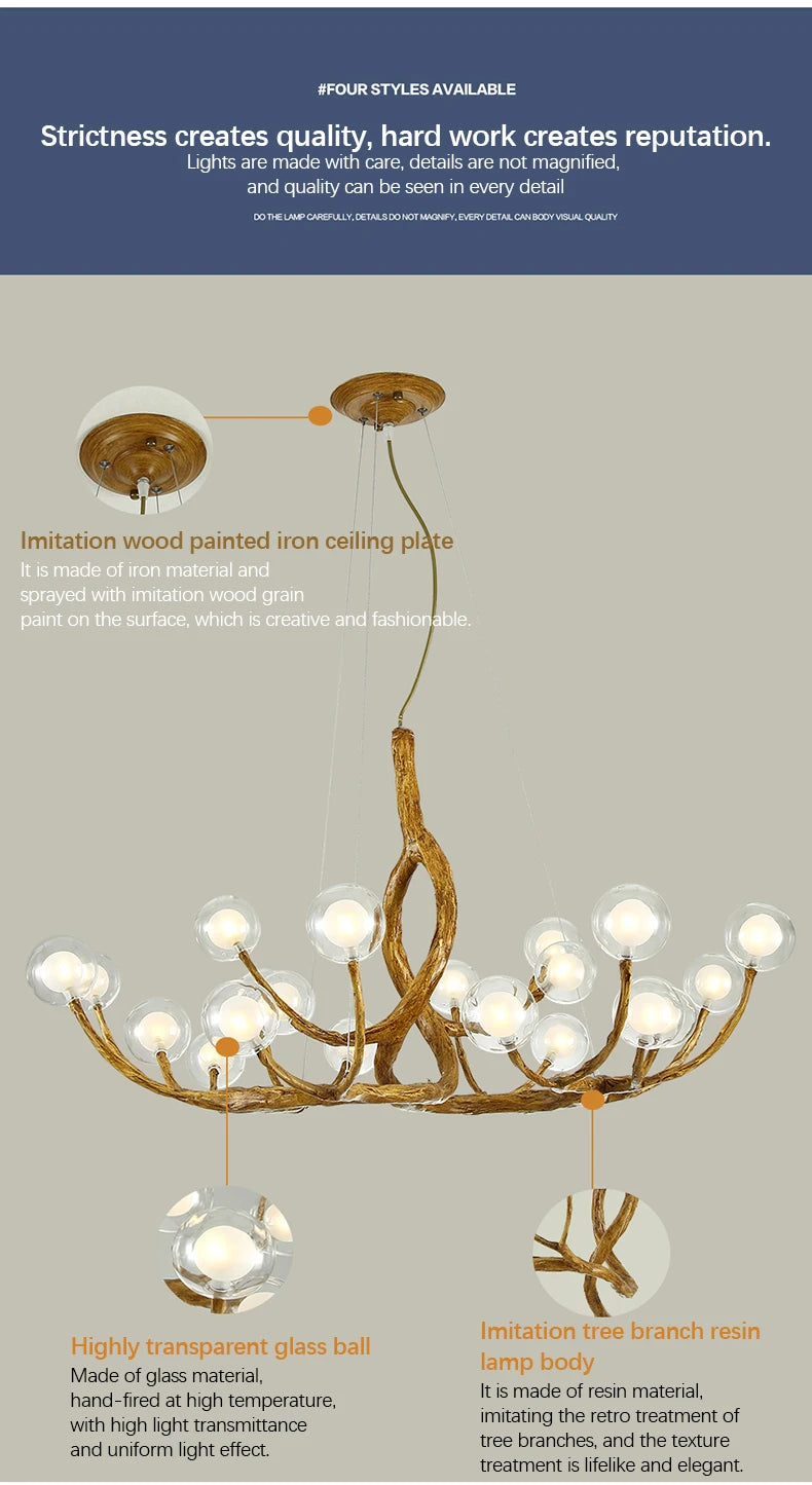 Tree Branch Chandelier Lustre Salon Design antique vintage lamp glass lampshade resin lamp for Living Room dining table light