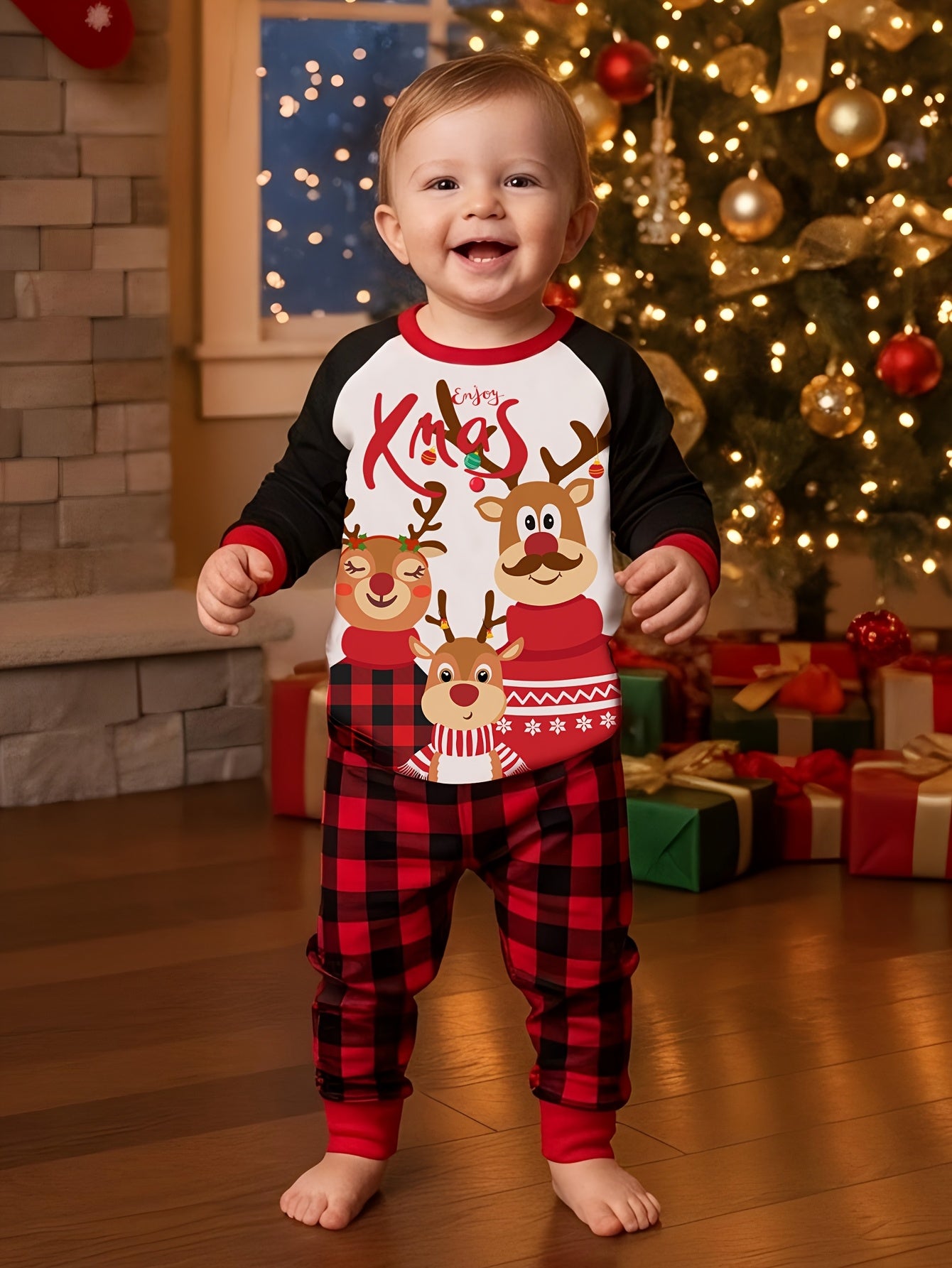 MOSSRIVER Christmas Pajamas Family Matching Soft Reindeer Print Set - Cozy Long Sleeve & Pants, Red & Plaid Design with Santa & Reindeer, Perfect for Celebrations, All-Season Comfort, Christmas Clothes, Festive, Playful Desig