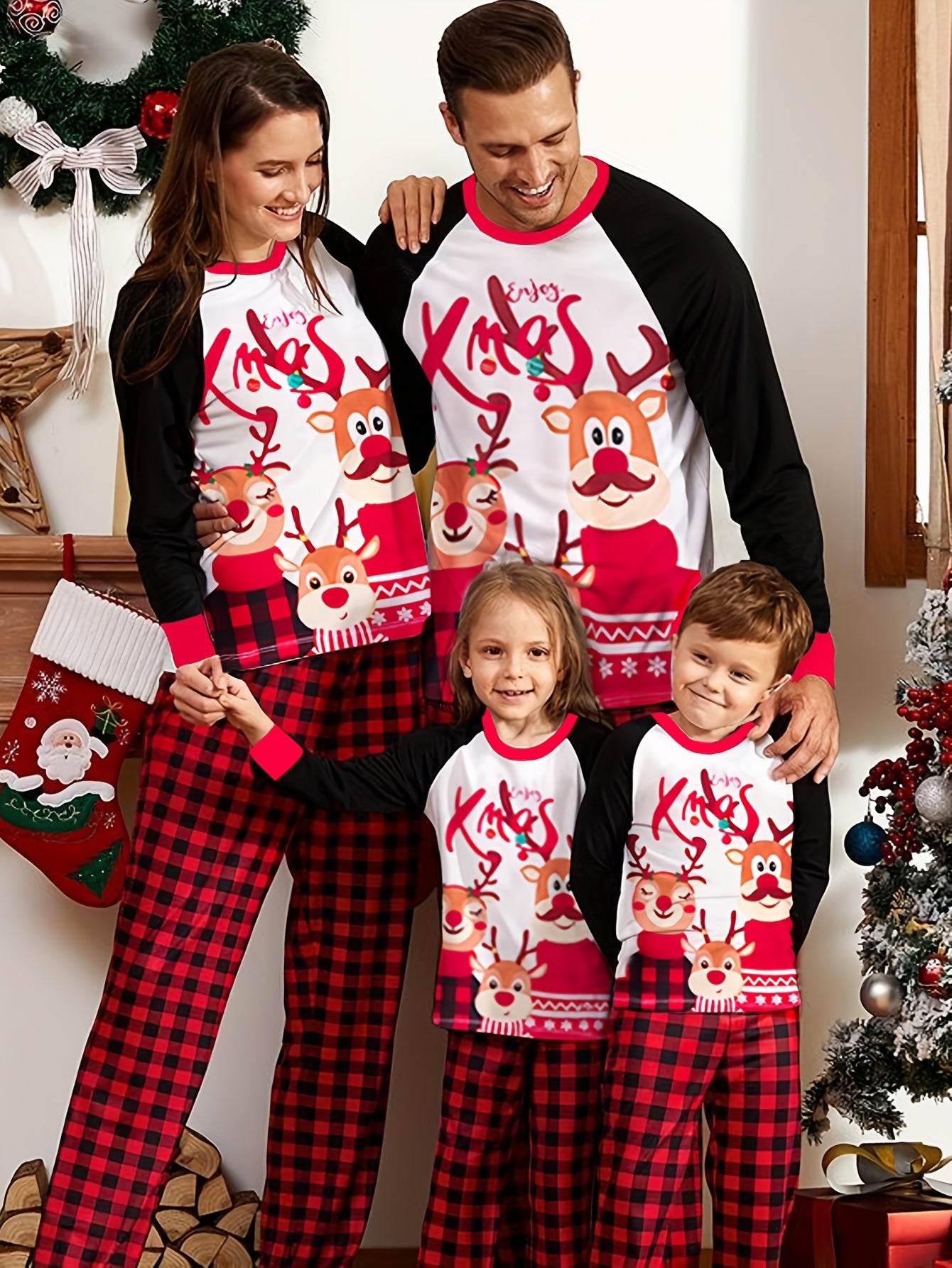 MOSSRIVER Christmas Pajamas Family Matching Soft Reindeer Print Set - Cozy Long Sleeve & Pants, Red & Plaid Design with Santa & Reindeer, Perfect for Celebrations, All-Season Comfort, Christmas Clothes, Festive, Playful Desig