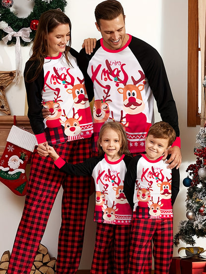 MOSSRIVER Christmas Pajamas Family Matching Soft Reindeer Print Set - Cozy Long Sleeve & Pants, Red & Plaid Design with Santa & Reindeer, Perfect for Celebrations, All-Season Comfort, Christmas Clothes, Festive, Playful Desig
