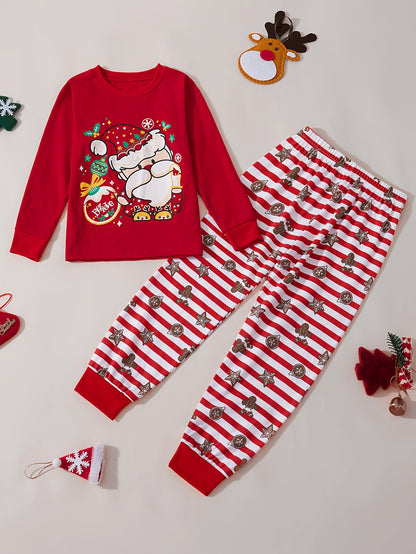 [Christmas Santa Claus Set] Christmas Santa Claus Boys & Girls Set - Red Long Sleeve Top with Santa & Snowflake Print, Red & White Striped Pants, Round Neck, All-Season Comfort, Casual Home Wear, Christmas Pajamas, Christmas