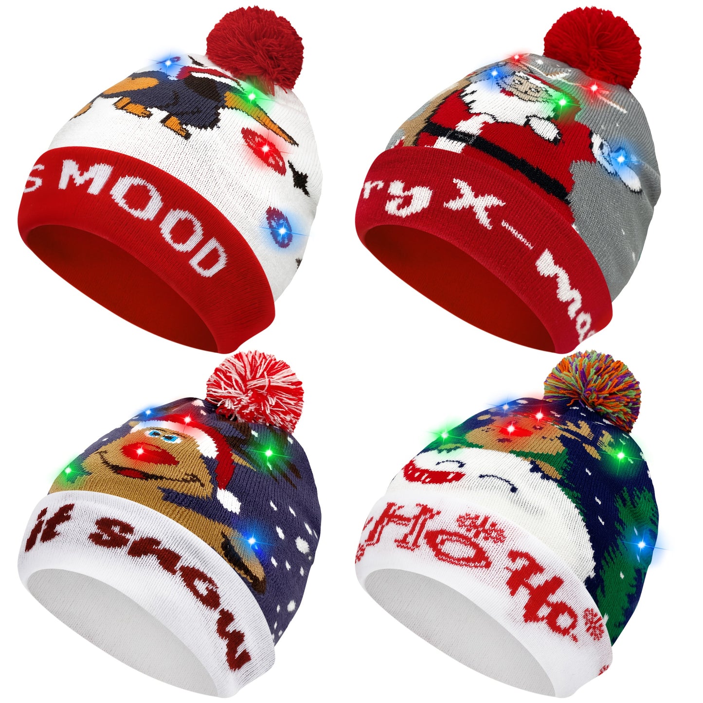 4pcs LED Light-Up Christmas Hats - Festive Knit Winter Hats with Glitter Accents, Perfect for Adults & Kids, Christmas & New Year Celebrations,  Material, Battery Operated (Button Battery), Christmas Accessories Halloween&Chr