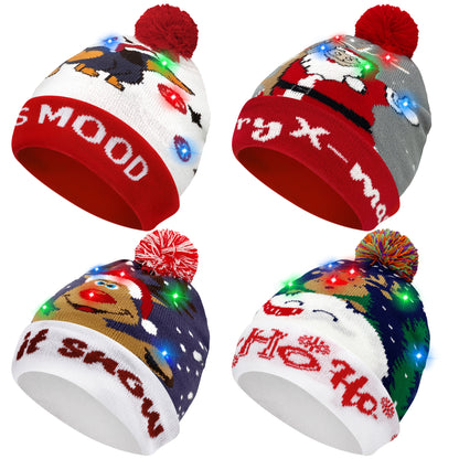 4pcs LED Light-Up Christmas Hats - Festive Knit Winter Hats with Glitter Accents, Perfect for Adults & Kids, Christmas & New Year Celebrations,  Material, Battery Operated (Button Battery), Christmas Accessories Halloween&Chr