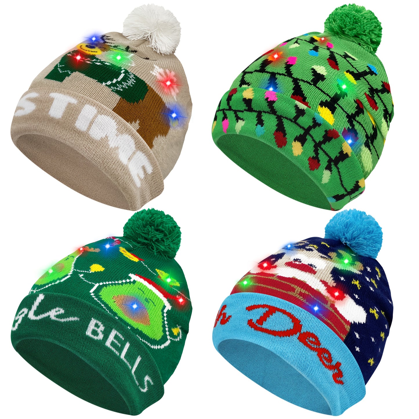 4pcs LED Light-Up Christmas Hats - Festive Knit Winter Hats with Glitter Accents, Perfect for Adults & Kids, Christmas & New Year Celebrations,  Material, Battery Operated (Button Battery), Christmas Accessories Halloween&Chr