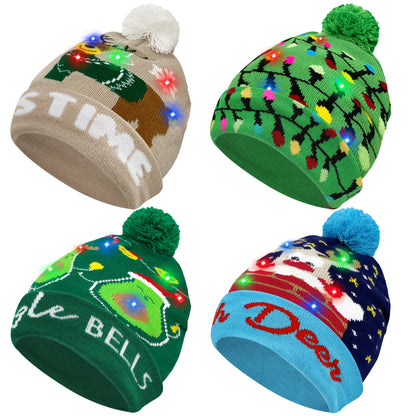 4pcs LED Light-Up Christmas Hats - Festive Knit Winter Hats with Glitter Accents, Perfect for Adults & Kids, Christmas & New Year Celebrations,  Material, Battery Operated (Button Battery), Christmas Accessories Halloween&Chr