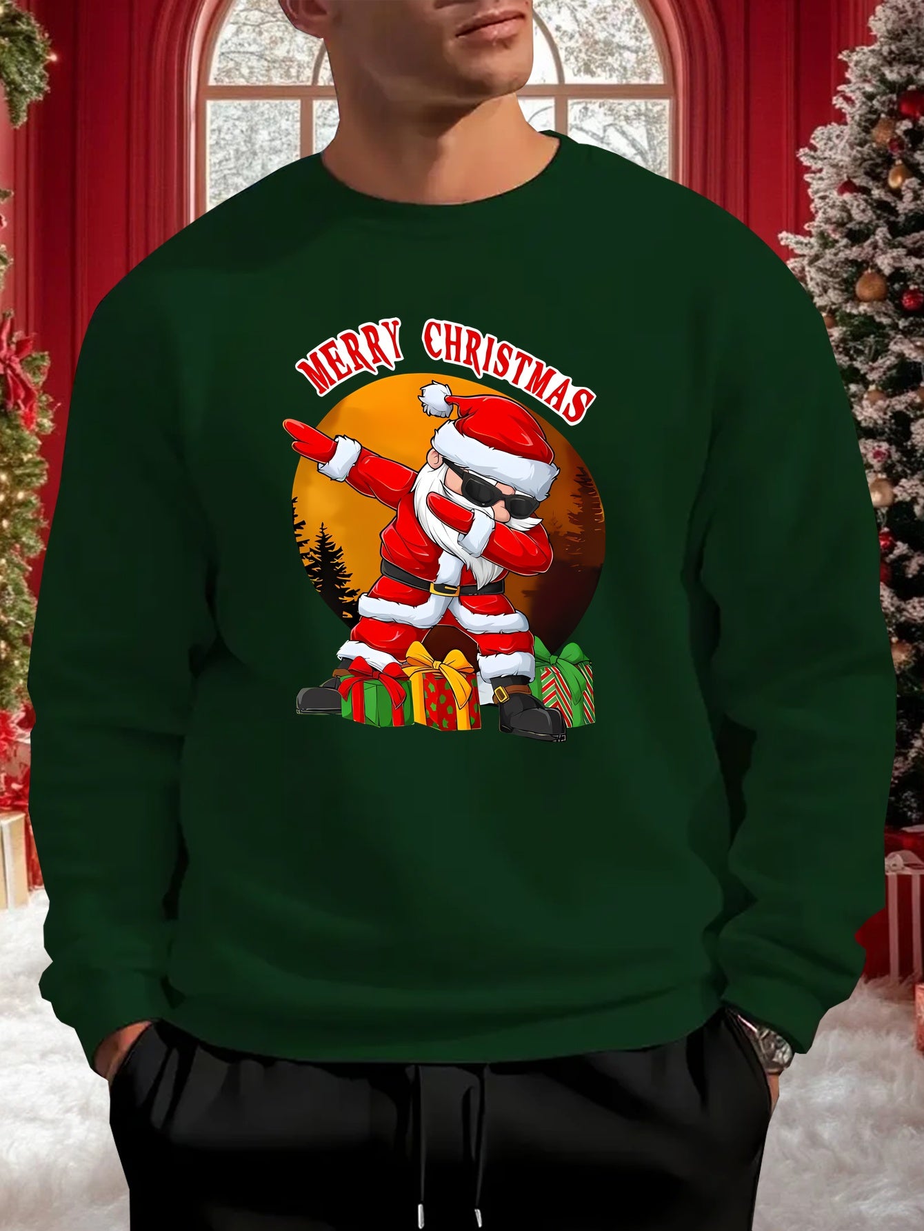 Men's Christmas Santa Claus & Reindeer Print Sweater, Oversized Round Neck Casual Pullover, 'Merry Christmas' Lettering Loose Fit Winter Warmth, Machine Washable Holiday Party Outfit, Christmas Clothes Festive Clothing