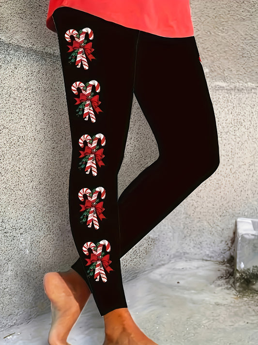 Plus Size, Women's Elegant Christmas Leggings - Stretchy Skinny Pants with Candy Cane & Holly Print, Red/Green/White/Black, Machine Washable Tights for Holiday Parties, Casual & Formal Outfits (Spring, Summer, Fall) - Festive