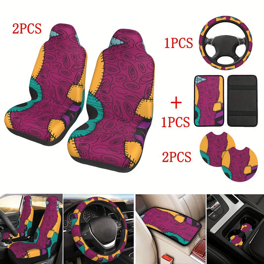 6-Piece Complete Car Decoration Kit - Soft Polyester Steering Wheel Cover, Center Console Pad, Cup Holder Coasters, and More - No Filler, Durable, and Easy to Clean Nightmare Before Christmas Accessories