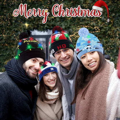 4pcs LED Light-Up Christmas Hats - Festive Knit Winter Hats with Glitter Accents, Perfect for Adults & Kids, Christmas & New Year Celebrations,  Material, Battery Operated (Button Battery), Christmas Accessories Halloween&Chr