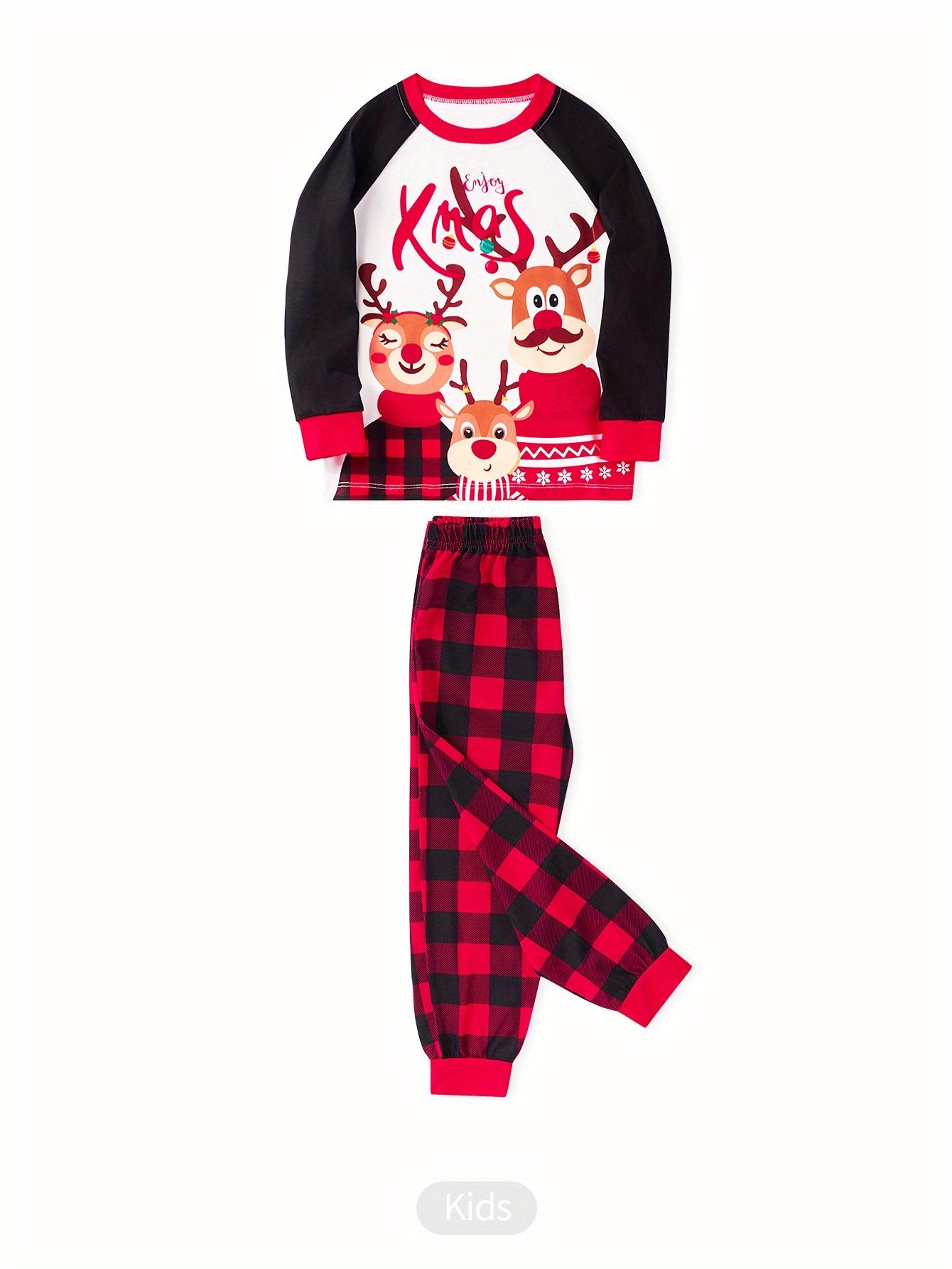 MOSSRIVER Christmas Pajamas Family Matching Soft Reindeer Print Set - Cozy Long Sleeve & Pants, Red & Plaid Design with Santa & Reindeer, Perfect for Celebrations, All-Season Comfort, Christmas Clothes, Festive, Playful Desig