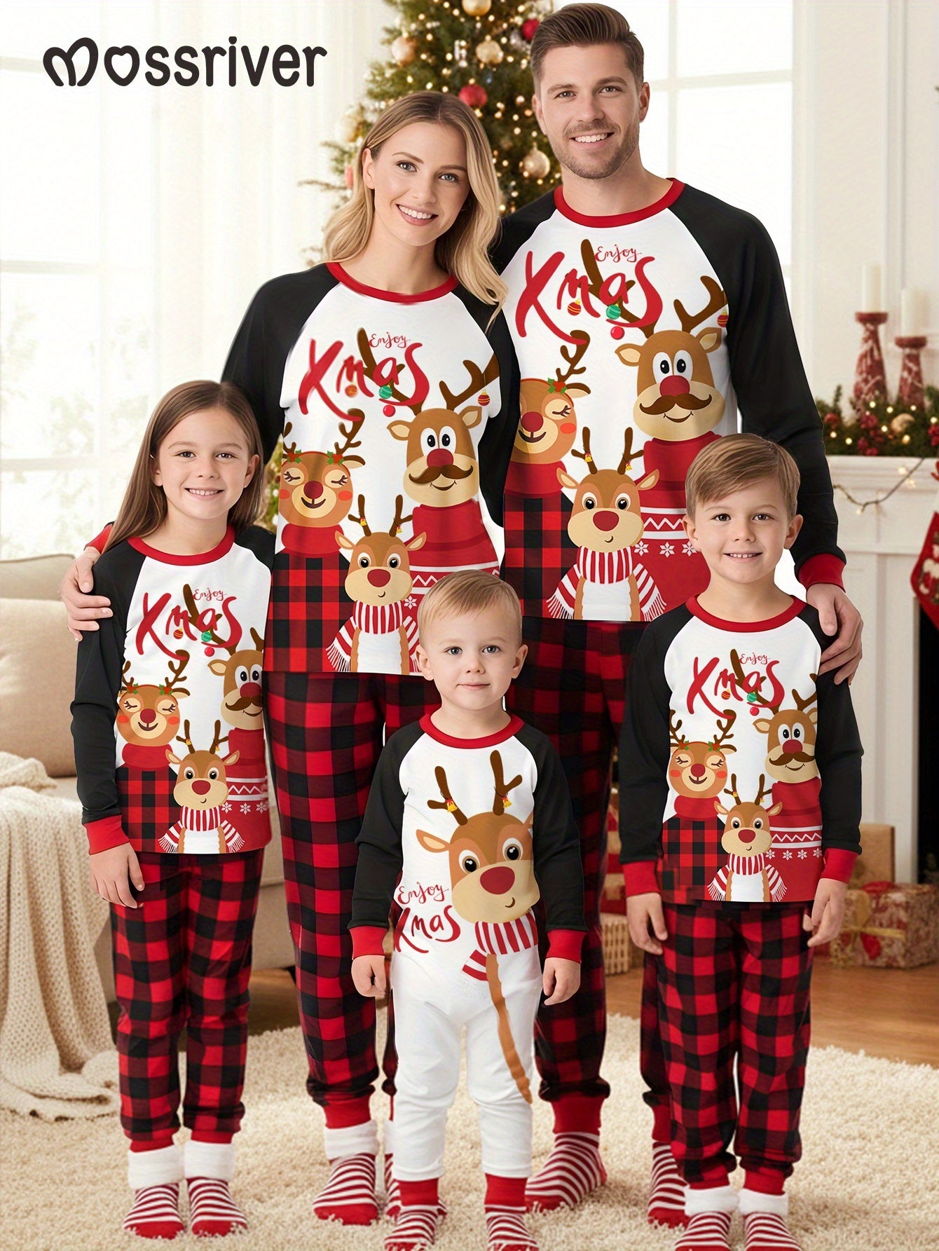 MOSSRIVER Christmas Pajamas Family Matching Soft Reindeer Print Set - Cozy Long Sleeve & Pants, Red & Plaid Design with Santa & Reindeer, Perfect for Celebrations, All-Season Comfort, Christmas Clothes, Festive, Playful Desig