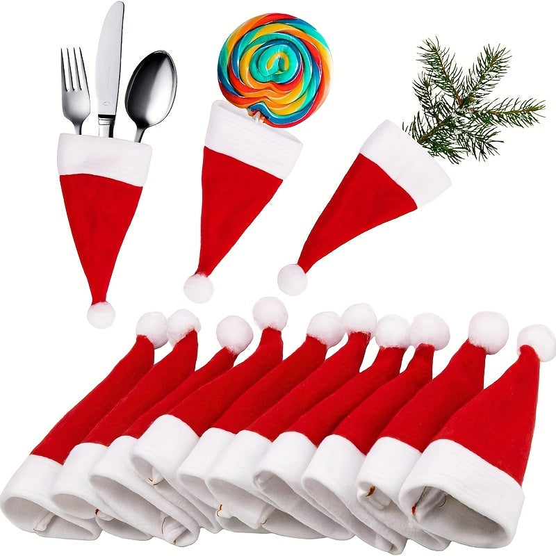 10pcs, Christmas Knife And Fork Small Hat, 2.36*4.72inch Red Mini Christmas Hat, Wine Bottle Knife And Fork Table Decoration, Suitable For Winter Christmas And All Seasons, Furry Christmas Accessories, Kitchen Accessories, Ki