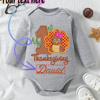 1pc Baby Long Sleeve Romper - Thanksgiving, Halloween, Christmas & Birthday Outfit with Custom Logo/Text - Soft Grey Onesie for Newborns, Infants, Toddlers - Easy Button Closure - Perfect for Photoshoots, Family Gatherings, E