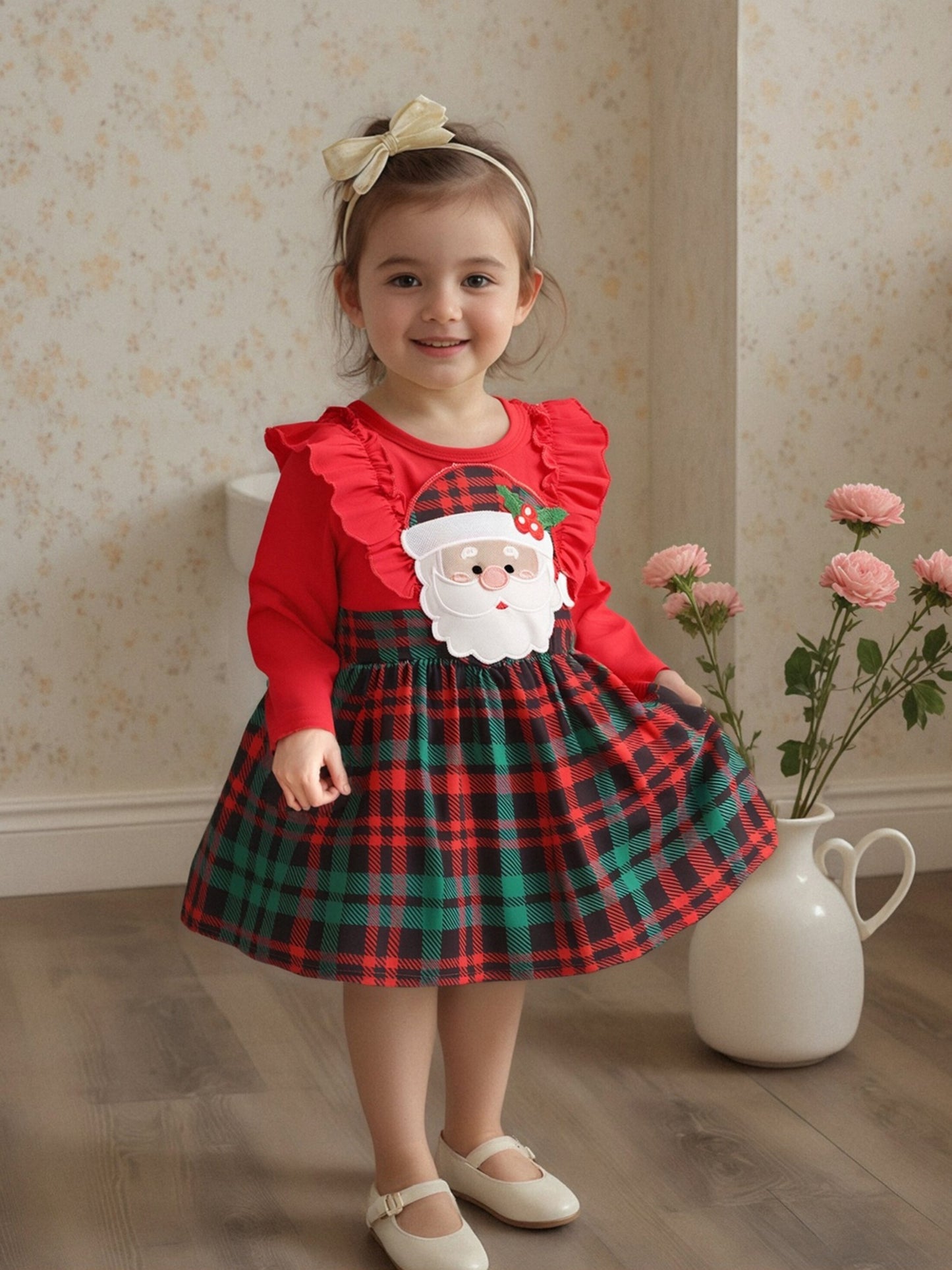 Baby Girl Christmas Dress with Santa Hat & Plaid Skirt - Long Sleeve A-Line Winter Outfit, Ruffle Trim, Knee-Length, Red & Green Checkered Design, Perfect for Fall & Winter, Baby Girl Christmas Clothes, Holiday Infant Wear, P