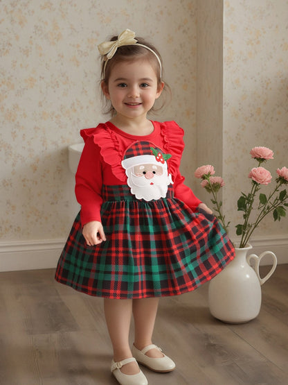 Baby Girl Christmas Dress with Santa Hat & Plaid Skirt - Long Sleeve A-Line Winter Outfit, Ruffle Trim, Knee-Length, Red & Green Checkered Design, Perfect for Fall & Winter, Baby Girl Christmas Clothes, Holiday Infant Wear, P