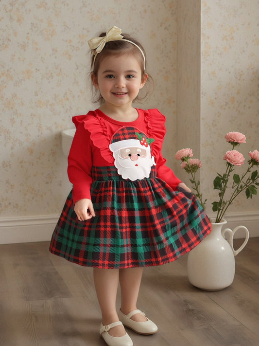 Baby Girl Christmas Dress with Santa Hat & Plaid Skirt - Long Sleeve A-Line Winter Outfit, Ruffle Trim, Knee-Length, Red & Green Checkered Design, Perfect for Fall & Winter, Baby Girl Christmas Clothes, Holiday Infant Wear, P