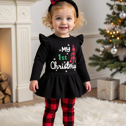 Adorable Baby Girl Christmas Outfit - Cozy Long-Sleeve Dress with "My 1st Christmas" Tree Print, Matching Checkered Pants & Red Bow Tie Scarf - Perfect Holiday Set for Newborns, Baby Girl Christmas Clothes, Perfect for Outdoo