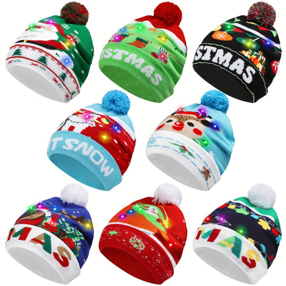4pcs LED Light-Up Christmas Hats - Festive Knit Winter Hats with Glitter Accents, Perfect for Adults & Kids, Christmas & New Year Celebrations,  Material, Battery Operated (Button Battery), Christmas Accessories Halloween&Chr