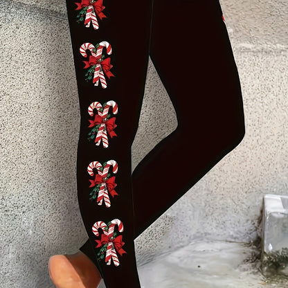 Plus Size, Women's Elegant Christmas Leggings - Stretchy Skinny Pants with Candy Cane & Holly Print, Red/Green/White/Black, Machine Washable Tights for Holiday Parties, Casual & Formal Outfits (Spring, Summer, Fall) - Festive