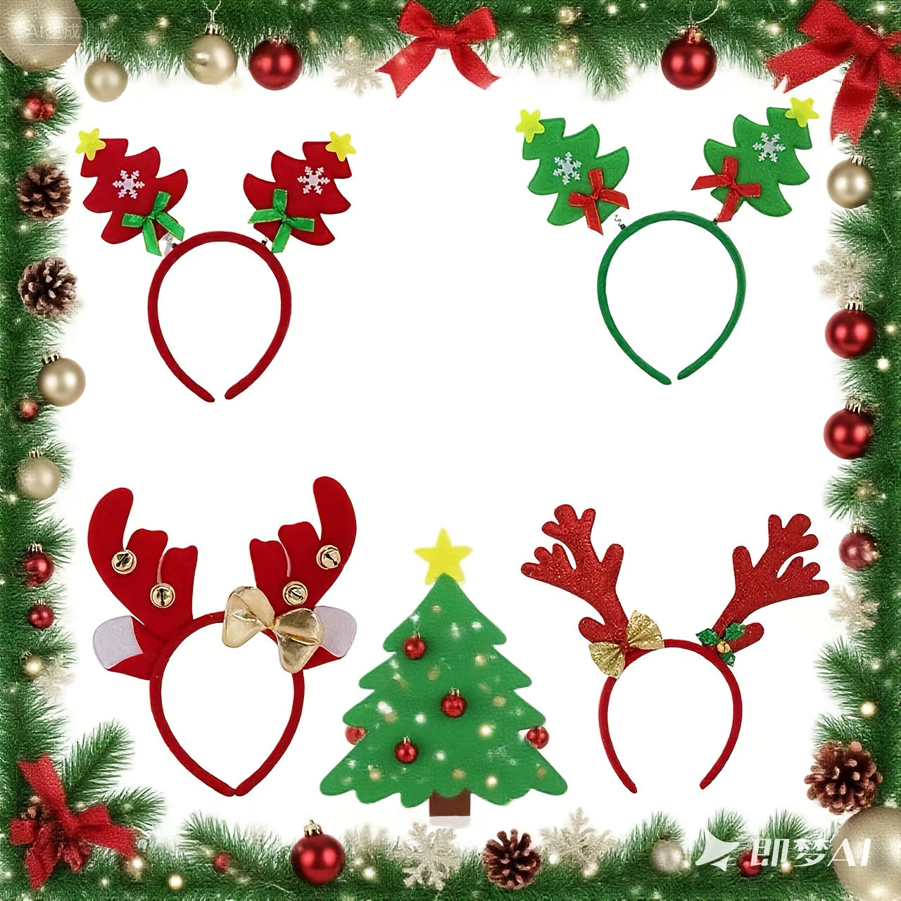 4-Pack Christmas Headbands - Soft Plastic Reindeer Antler & Floral Holiday Headwear, Unisex Party Accessories for Women & Men, Hand Wash Only, No Power Needed, Festive Holiday Decorations, Christmas Accessories, Festive Headw