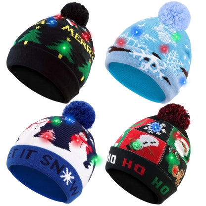 4pcs LED Light-Up Christmas Hats - Festive Knit Winter Hats with Glitter Accents, Perfect for Adults & Kids, Christmas & New Year Celebrations,  Material, Battery Operated (Button Battery), Christmas Accessories Halloween&Chr