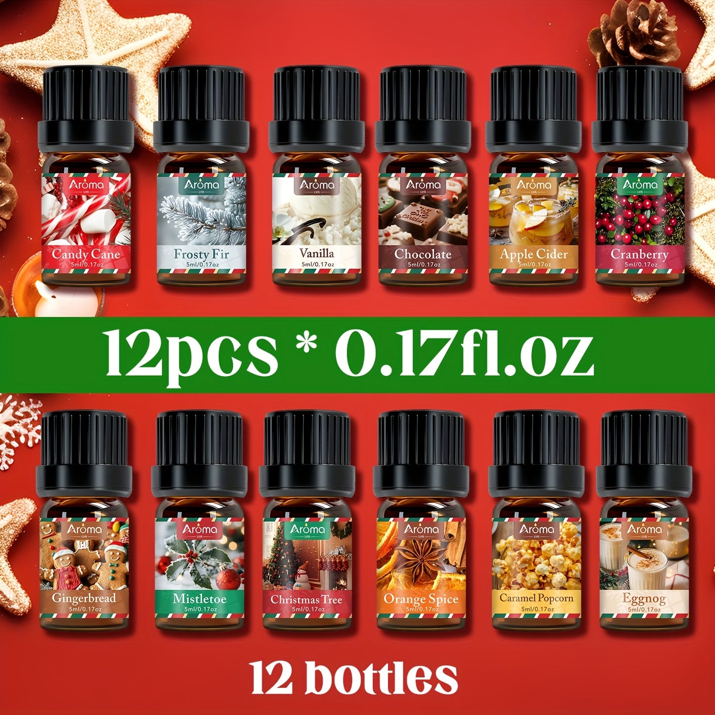 12*0.17oz Christmas Essential Oil Set - Christmas Wreath, Gingerbread, Cinnamon, Harvest Spices, Cedarwood, Peppermint - Air Freshener, Humidifier Supplies, Home Fragrance, Holiday Decor, Christmas Gift Set, Local Warehouse,