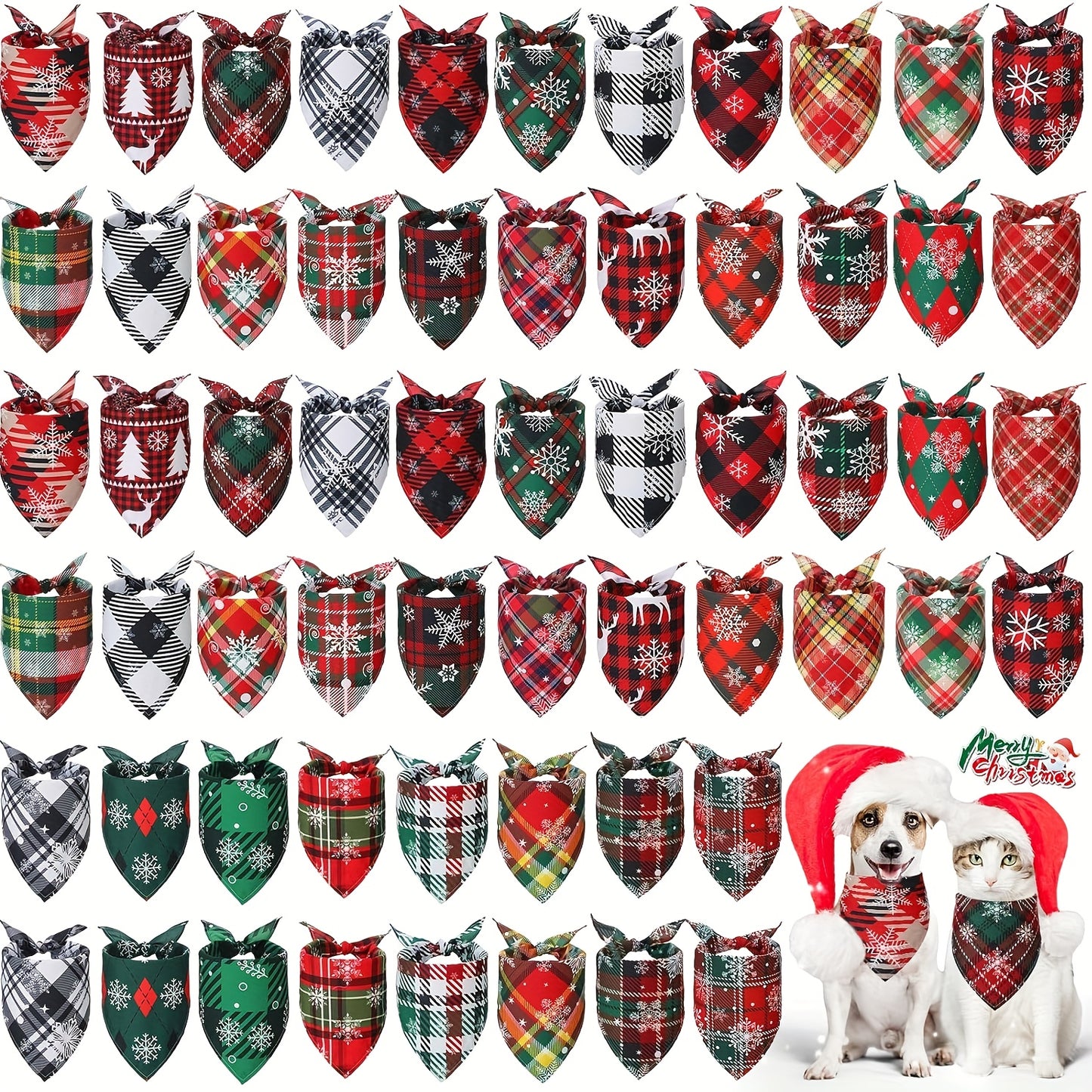 60pcs Christmas Snowflake Plaid Dog Bandanas Bulk Holiday Dog Scarf Bibs Puppy Bandanas Adjustable Washable Kerchief PET Costume Accessories Grooming Supplies for Small to Large Cats Dogs, Festive Pet Wear, Seasonal Pet Fashi
