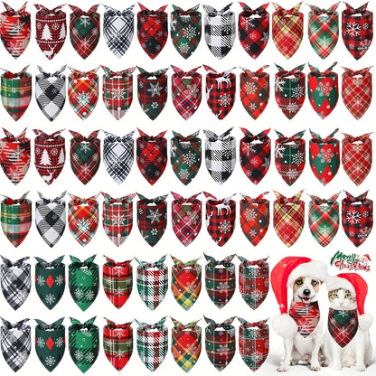 60pcs Christmas Snowflake Plaid Dog Bandanas Bulk Holiday Dog Scarf Bibs Puppy Bandanas Adjustable Washable Kerchief PET Costume Accessories Grooming Supplies for Small to Large Cats Dogs, Festive Pet Wear, Seasonal Pet Fashi