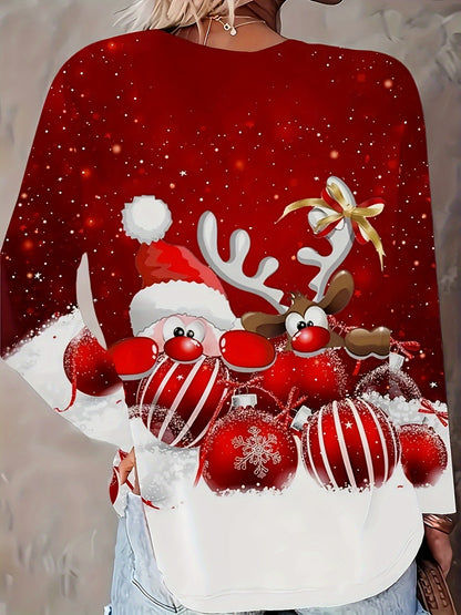 [Christmas Sweater-like Top] Christmas Women's Long Sleeve T-Shirt - Red & White Santa Reindeer Candy Cane Snowflake Print Sweater-like Top | Round Neck Casual Holiday Party Outfit, Machine Washable Winter Blouse (All-Season