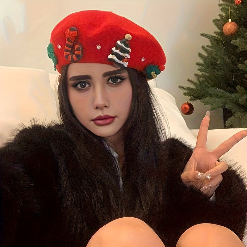 Ladies' Red Christmas Beret with 3D Christmas Tree Winter Hat Suitable for Holiday Parties, Photography, Valentine'S Day And New Year'S Eve, Festive Christmas Headwear, Seasonal Clothing, Decorative Headwear, A Must-have for