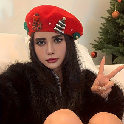 Ladies' Red Christmas Beret with 3D Christmas Tree Winter Hat Suitable for Holiday Parties, Photography, Valentine'S Day And New Year'S Eve, Festive Christmas Headwear, Seasonal Clothing, Decorative Headwear, A Must-have for