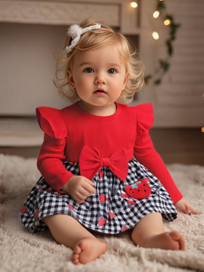 Baby Girl's Red & Black Gingham Checkered Dress with Ruffle Hem - Long Sleeve Round Neck Umbrella, Soft Fabric Casual Outfit for Newborn Toddler Girls, Easy Diaper Change, Girls Christmas Outfit, Christmas Dress Girls, Girls