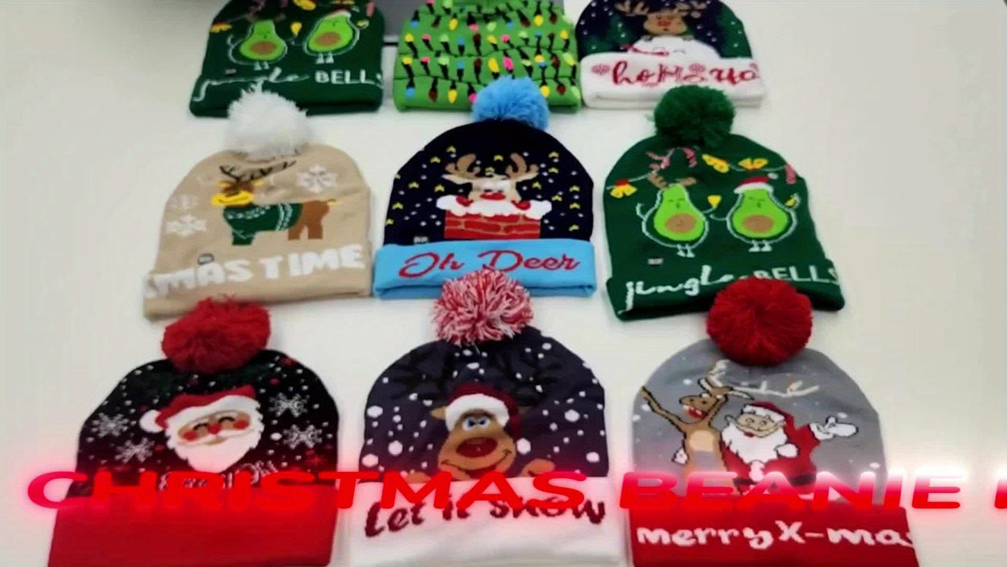 4pcs LED Light-Up Christmas Hats - Festive Knit Winter Hats with Glitter Accents, Perfect for Adults & Kids, Christmas & New Year Celebrations,  Material, Battery Operated (Button Battery), Christmas Accessories Halloween&Chr