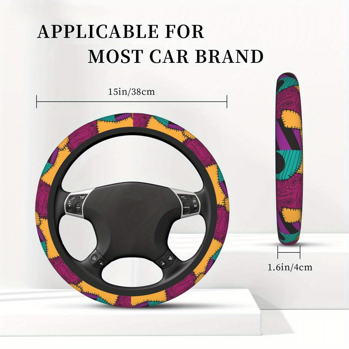 6-Piece Complete Car Decoration Kit - Soft Polyester Steering Wheel Cover, Center Console Pad, Cup Holder Coasters, and More - No Filler, Durable, and Easy to Clean Nightmare Before Christmas Accessories