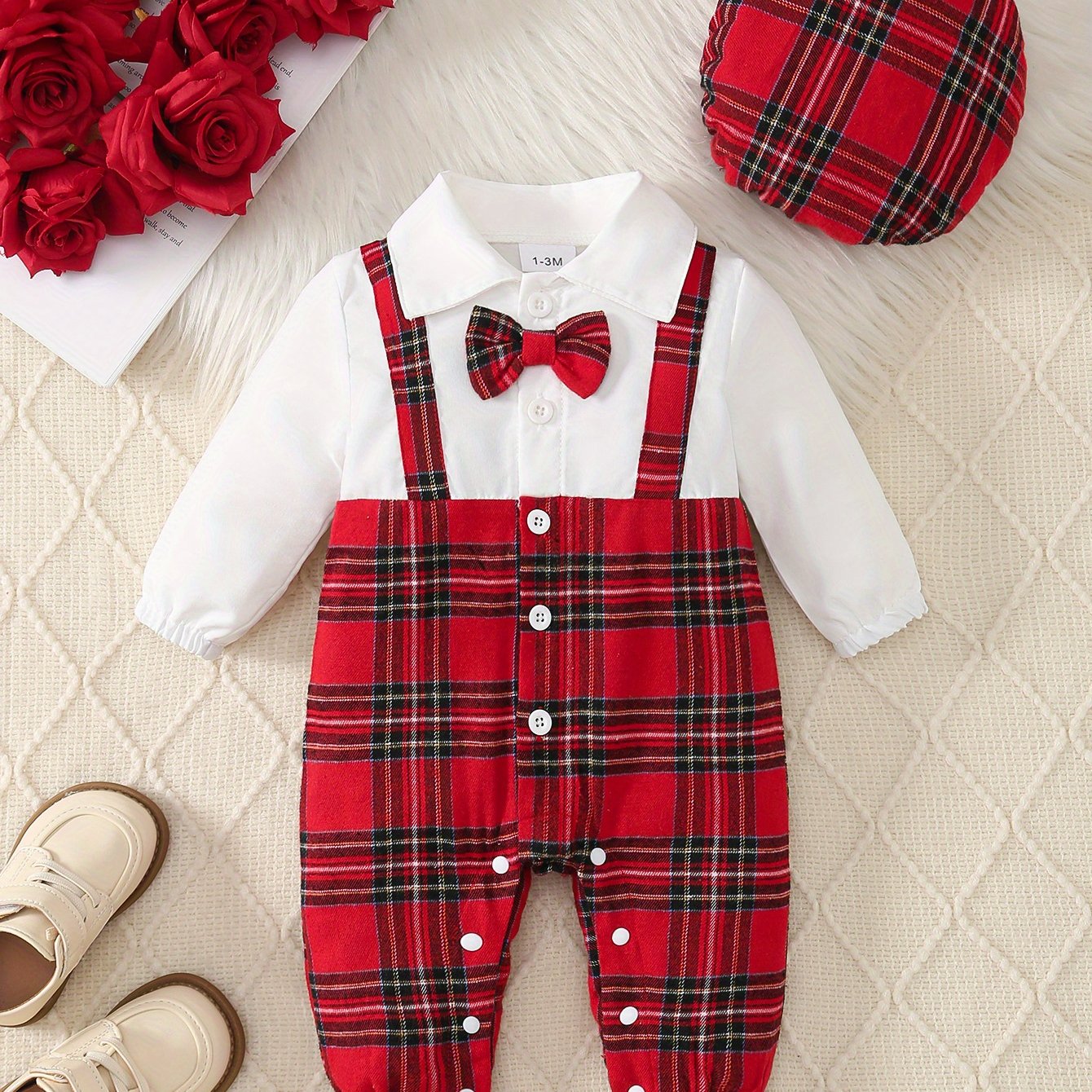 2pcs Baby Boy Christmas Party Outfit - Red & Black Plaid Long Sleeve Jumpsuit with Bow Tie & Hat, Casual School Style, Soft & Comfortable for Fall/Winter, Perfect for Holiday Celebrations, Baby Boy Christmas Clothes, for Outd