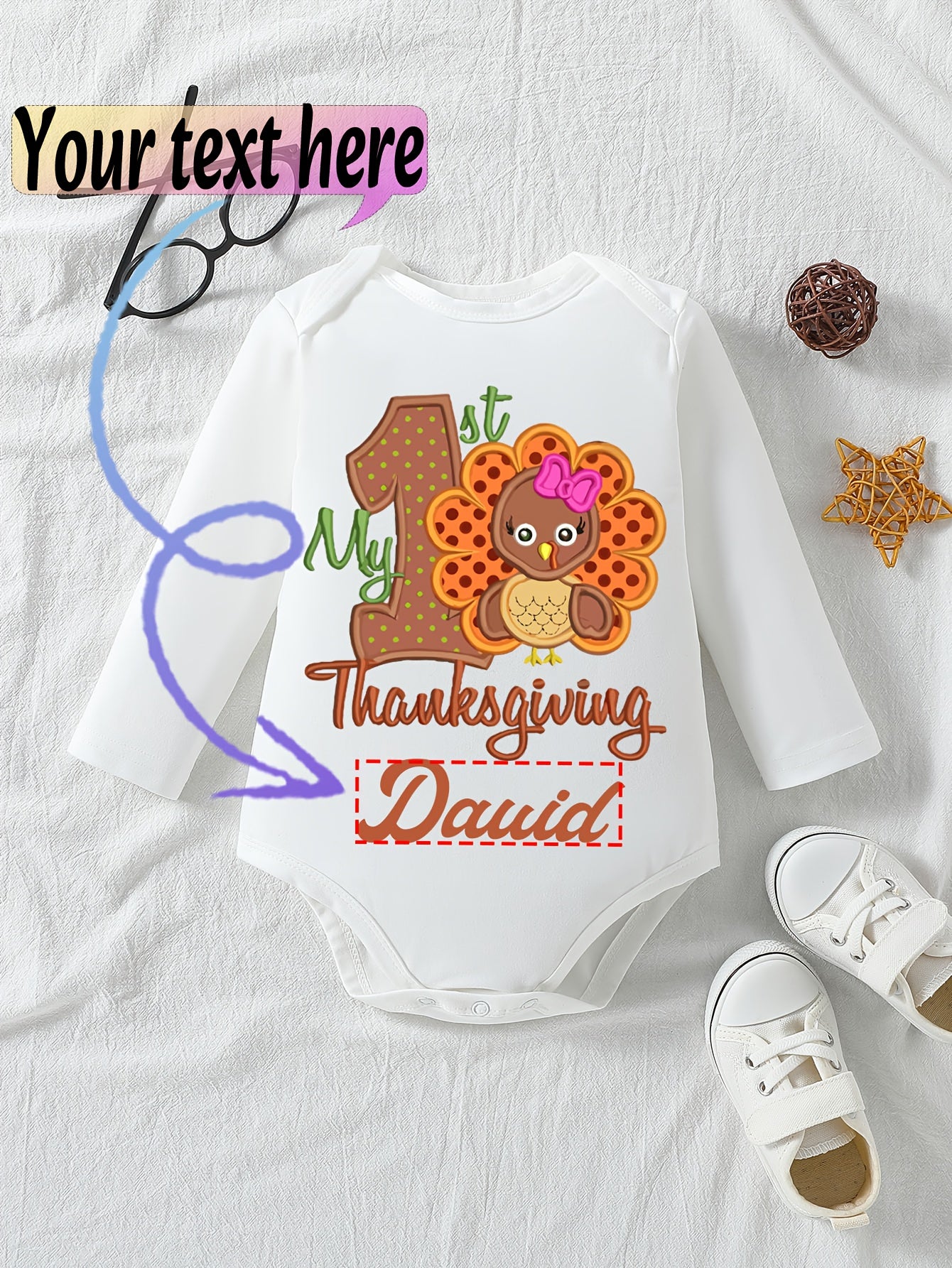 1pc Baby Long Sleeve Romper - Thanksgiving, Halloween, Christmas & Birthday Outfit with Custom Logo/Text - Soft Grey Onesie for Newborns, Infants, Toddlers - Easy Button Closure - Perfect for Photoshoots, Family Gatherings, E