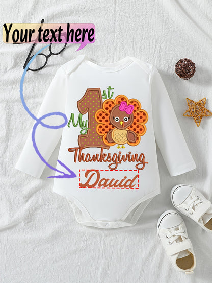 1pc Baby Long Sleeve Romper - Thanksgiving, Halloween, Christmas & Birthday Outfit with Custom Logo/Text - Soft Grey Onesie for Newborns, Infants, Toddlers - Easy Button Closure - Perfect for Photoshoots, Family Gatherings, E