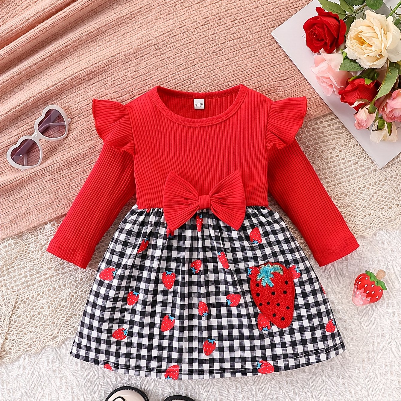 Baby Girl's Red & Black Gingham Checkered Dress with Ruffle Hem - Long Sleeve Round Neck Umbrella, Soft Fabric Casual Outfit for Newborn Toddler Girls, Easy Diaper Change, Girls Christmas Outfit, Christmas Dress Girls, Girls