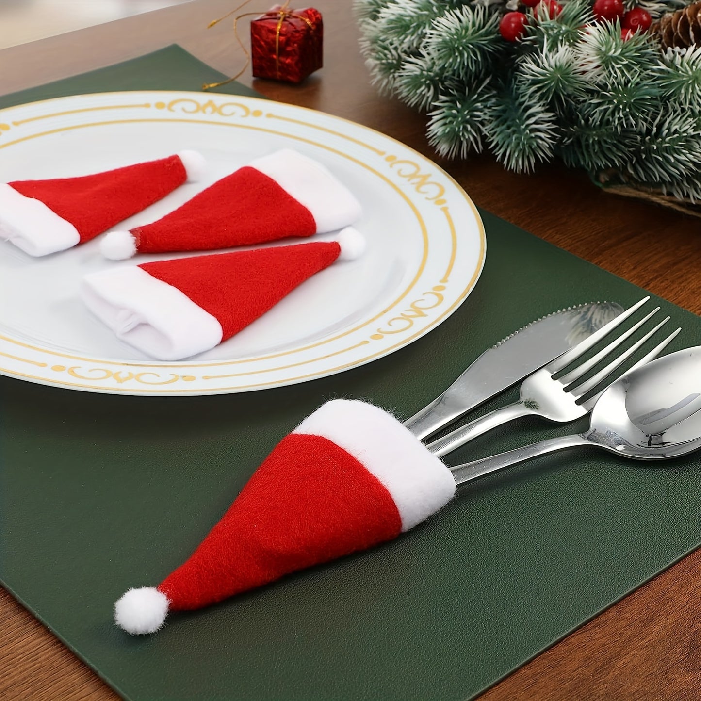 10pcs, Christmas Knife And Fork Small Hat, 2.36*4.72inch Red Mini Christmas Hat, Wine Bottle Knife And Fork Table Decoration, Suitable For Winter Christmas And All Seasons, Furry Christmas Accessories, Kitchen Accessories, Ki