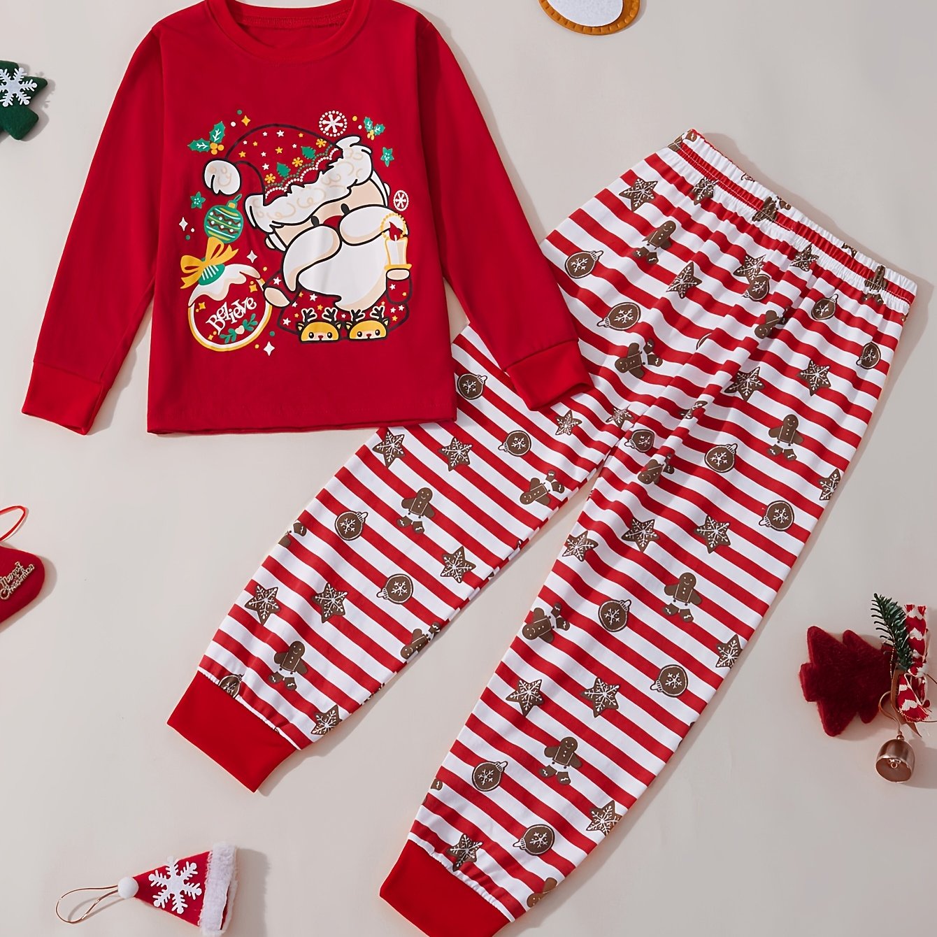 [Christmas Santa Claus Set] Christmas Santa Claus Boys & Girls Set - Red Long Sleeve Top with Santa & Snowflake Print, Red & White Striped Pants, Round Neck, All-Season Comfort, Casual Home Wear, Christmas Pajamas, Christmas