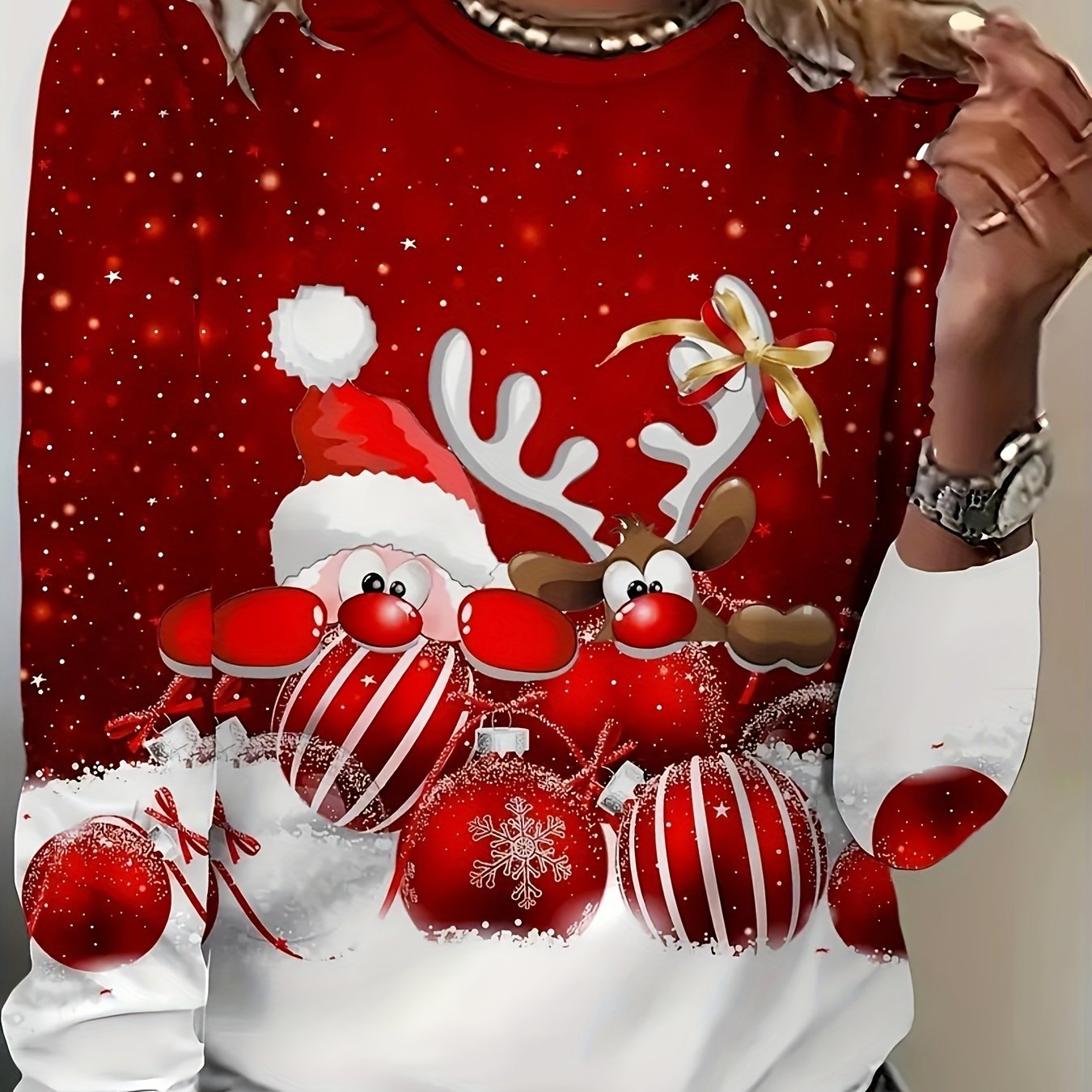 [Christmas Sweater-like Top] Christmas Women's Long Sleeve T-Shirt - Red & White Santa Reindeer Candy Cane Snowflake Print Sweater-like Top | Round Neck Casual Holiday Party Outfit, Machine Washable Winter Blouse (All-Season