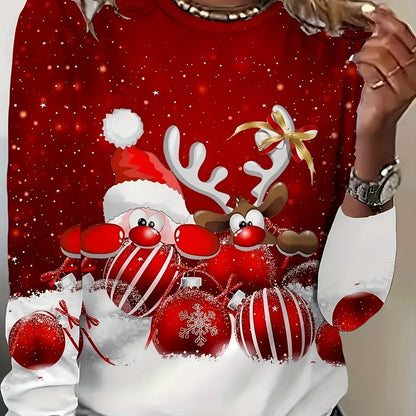 [Christmas Sweater-like Top] Christmas Women's Long Sleeve T-Shirt - Red & White Santa Reindeer Candy Cane Snowflake Print Sweater-like Top | Round Neck Casual Holiday Party Outfit, Machine Washable Winter Blouse (All-Season