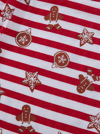 [Christmas Santa Claus Set] Christmas Santa Claus Boys & Girls Set - Red Long Sleeve Top with Santa & Snowflake Print, Red & White Striped Pants, Round Neck, All-Season Comfort, Casual Home Wear, Christmas Pajamas, Christmas