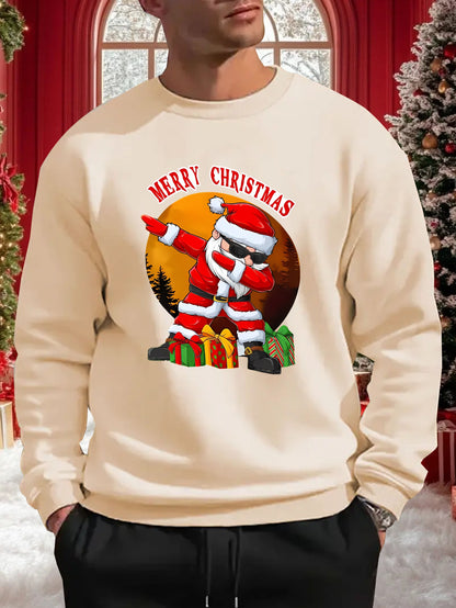 Men's Christmas Santa Claus & Reindeer Print Sweater, Oversized Round Neck Casual Pullover, 'Merry Christmas' Lettering Loose Fit Winter Warmth, Machine Washable Holiday Party Outfit, Christmas Clothes Festive Clothing