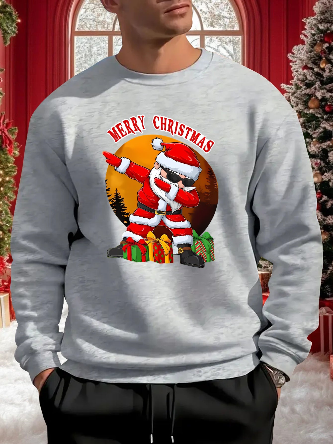 Men's Christmas Santa Claus & Reindeer Print Sweater, Oversized Round Neck Casual Pullover, 'Merry Christmas' Lettering Loose Fit Winter Warmth, Machine Washable Holiday Party Outfit, Christmas Clothes Festive Clothing