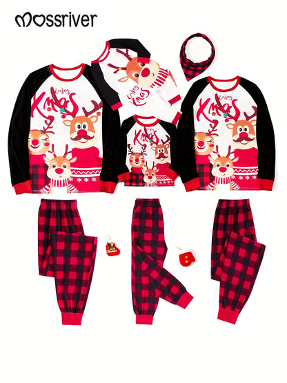 MOSSRIVER Christmas Pajamas Family Matching Soft Reindeer Print Set - Cozy Long Sleeve & Pants, Red & Plaid Design with Santa & Reindeer, Perfect for Celebrations, All-Season Comfort, Christmas Clothes, Festive, Playful Desig